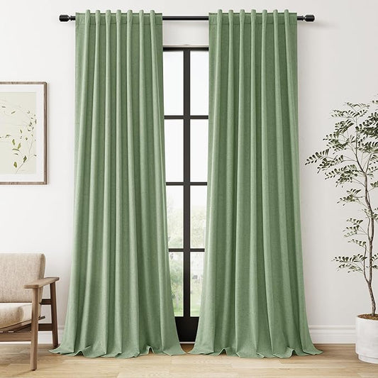 Guken Light Sage 100% Blackout Linen Curtains 90 Inch Length 2 Panels Set for Living Room Bedroom Back Tab/Rod Pocket Thermal Insulated Black Out Drapes Room Darkening Window Curtains,52x90