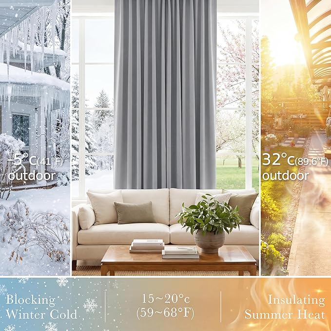 PONY DANCE Blackout Window Curtains Set - 42 W x 72 Inches L, Silver Grey Window Drapes Thermal Curtain Rod Pocket Room Darkening Panels/Light Blocking for Living Room, 2 PCs