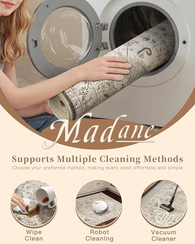 Madane Washable Rug 8x10 Area Rugs for Living Room, Ultra-Thin Non-Slip Backing Rug, Stain Resistant Vintage Large Area Rug for Bedroom (Ivory/Brown, 8'x10')