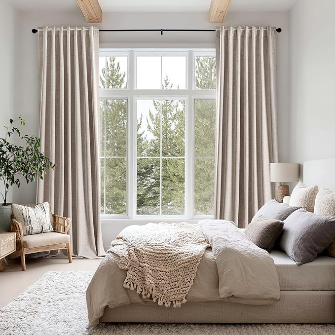 MIULEE 100% Blackout Linen Curtains for Bedroom, Khaki Solid Luxury Decor Thermal Insulation Room Darkening Drapes for Living Room Nursery Back Tab Rod Pocket 42 x 63 Inches, 2 Panels