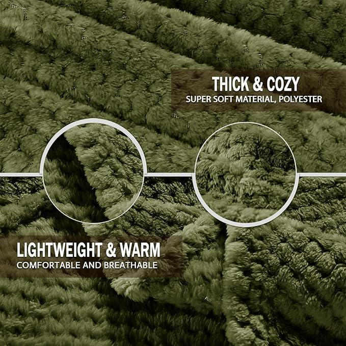Exclusivo Mezcla Fleece Bed Blanket King Size, Super Soft and Warm Blankets for Couch, Sofa and Bed Waffle Textured, Cozy, Fuzzy and Lightweight (Olive Green, 90x104 Inches)