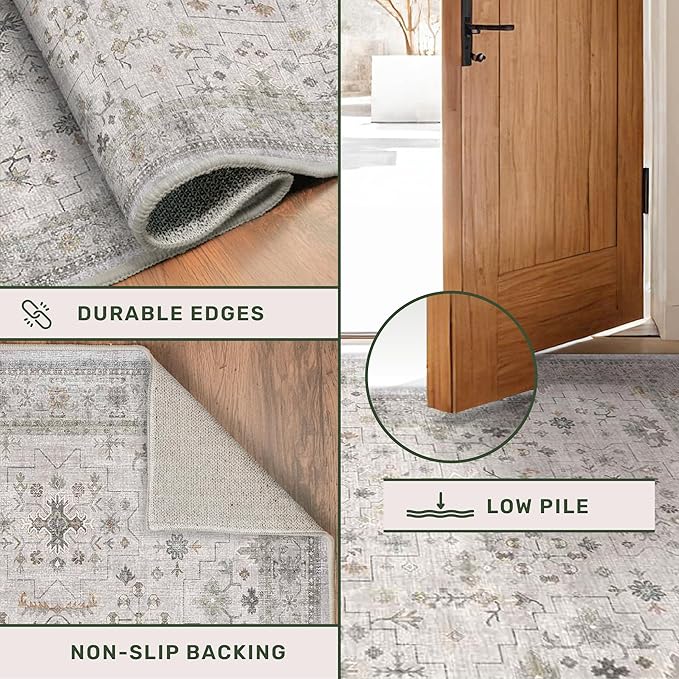 Hazo Haus Boho Light Grey Living Room Rug 6x9 - Modern Vintage Eclectic Floral Paste Neutral Taupe, Washable Low Pile Non-Slip Large Area Rugs for Dining Under Table Bedroom