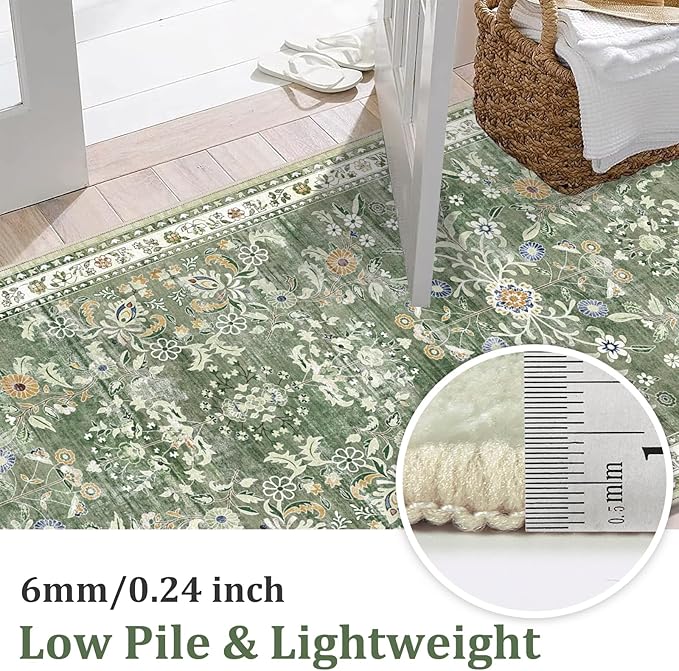 Yamaziot Washable Runner Rug 2x6 – Non Slip Boho Floral Hallway Runner Rug with Rubber Backing, Low Pile Faux Wool Distressed Carpet for Kitchen, Laundry, Bedroom, Entrance, Mottled Green