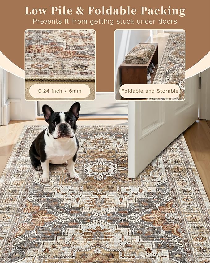 Madane Hallway Runner Rug 4x8 Wide: Washable Thin Runners for Hallways Entry, Non Slip Soft Vintage Kitchen Rugs Low Pile Carpet Runners for Living Room Bedroom Dining Room Foyer (Turmeric/Grey,4x8)