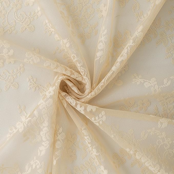 YJ YANJUN Vintage Lace Curtains 96 Inches Long-Victorian Floral Beige Sheer Curtains for Living Room Office Bedroom Light Filtering Embroidered Window Treatment Spring Summer Decor 8 FT 52Wx96L