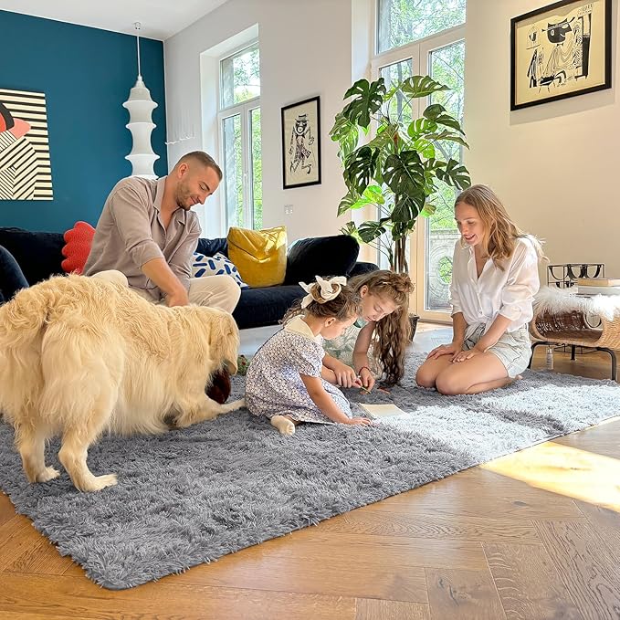 OLANLY 10x14 Machine Washable Large Area Rugs for Living Room, Bedroom, Soft Fluffy Shaggy Bedside Rug, Indoor Floor Carpet for Kids Girls and Boys, Dorms, Nursery, Home Decor Aesthetic, Light Grey