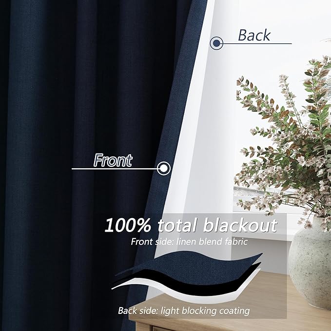 Guken Navy Blue 100% Blackout Curtains 84 Inch Length 2 Panels Set for Living Room Bedroom Back Tab Thermal Insulated Black Out Linen Drapes Room Darkening Window Curtains 84 Inches Long