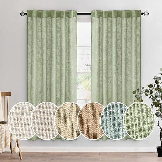 MIULEE Sage Green Linen Curtains 72 Inch Length 2 Panels for Bedroom Living Room, Soft Thick Linen Textured Window Drapes Semi Sheer Light Filtering Back Tab Rod Pocket Burlap Look Decor, W37xL72