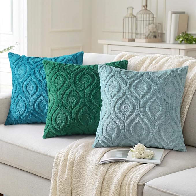 decorUhome Summer Throw Pillow Covers 26x26 Inch Set of 2, Soft Plush Faux Wool Teal Solid Couch Pillow Covers, Accent Euro Sham Farmhouse Neutral Square Pillow Cases for Sofa Bed Living Room