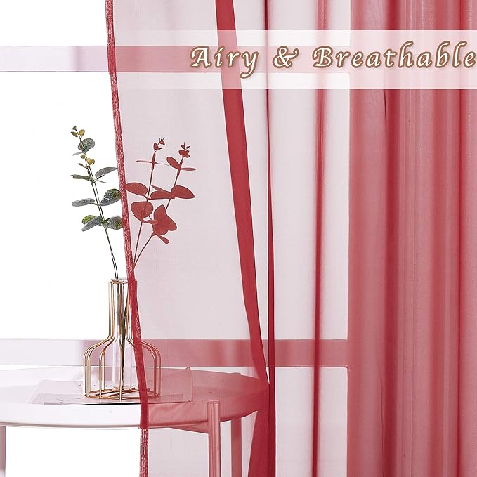 NICETOWN Christmas Sheer Window Curtains for Bedroom - Ring Top Light Weight Diaphanous Voile Drapes for Thanksgiving Day/New Year (54" W x 45" L, Haute Red, 2 Panels)