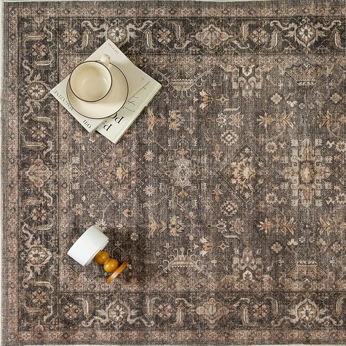 10x14 Washable Area Rug for Living Room Bedroom Vintage Brown Non Slip Carpet Traditional Retro Soft Low Pile Large Throw Rug for Dining Room Kitchen Office Indoor