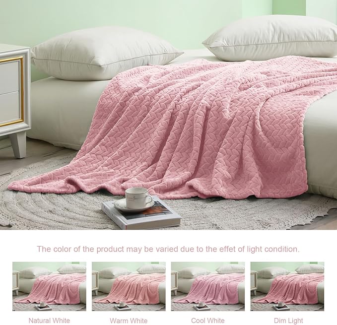 Exclusivo Mezcla Fleece Queen Size Blanket for Bed, 90x90 Inches Soft Cozy Jacquard Flannel Blankets, Lightweight Fuzzy Plush Warm for Women, Pink