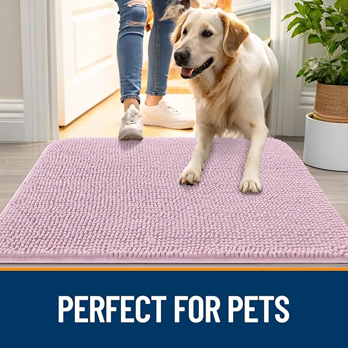 OLANLY Dog Door Mat for Muddy Paws 40x24, Absorbs Moisture and Dirt, Absorbent Non-Slip Washable Doormat, Quick Dry Chenille Mud Mat for Dogs, Entry Indoor Entryway Carpet for Inside Floor, Dusty Rose