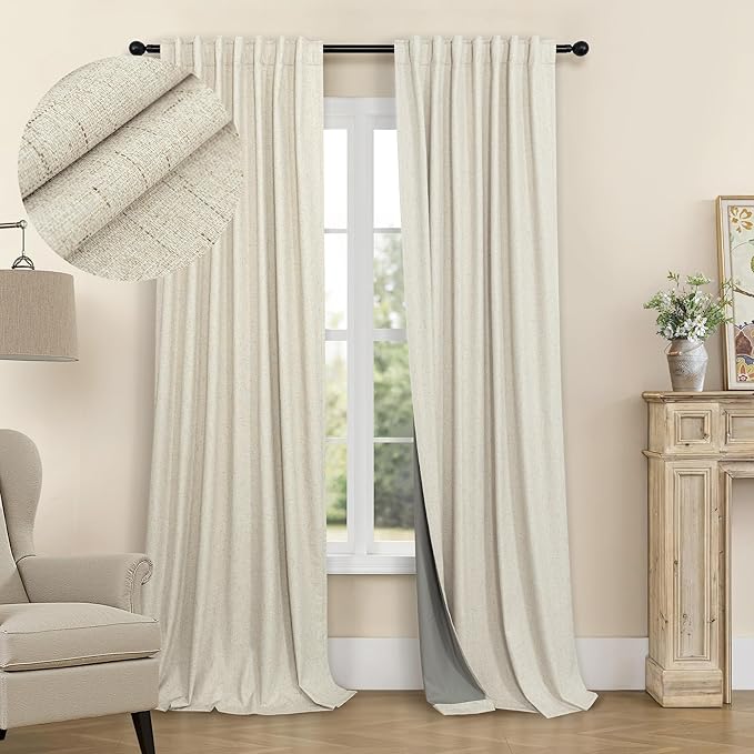 Pitalk 80 Inch Curtains 2 Panel Set Linen Blackout Curtains for Daughters Room Bedroom Thermal Black Out Long Drapes for Picture Window Apartment Hall Loft Hotel Office 52x80 Inch Length 2 Panel Beige
