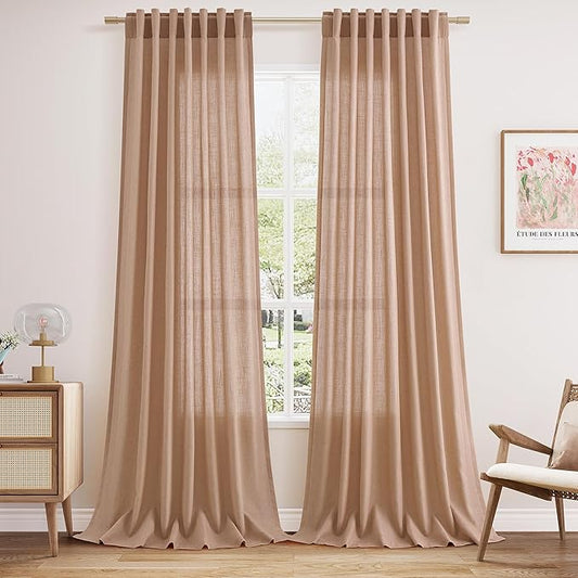 Nanspring Peach Linen Curtains 96 Inches Long Set for Baby Girl Bedroom Back Tab Rod Pocket Semi Sheer Light Filtering Drape for Bedroom Home Decor Protect Privacy 52x96,2 Panels