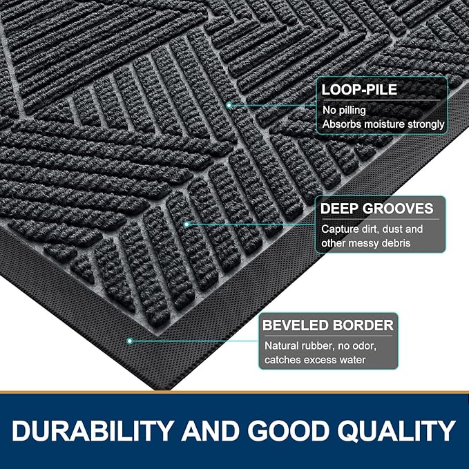 Smiry Front Door Mat Outside Entrance, Heavy Duty Sturdy Natural Rubber Doormat, Trap Dirt and Moisture, Easy Clean Low Profile Welcome Floor Mats for Indoor Outdoor Entry, 47x23 Inch, Grey