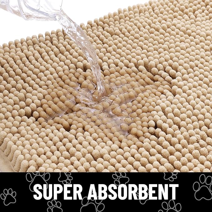 Smiry Dog Door Mat for Muddy Paws, Absorbent Dirt Trapper Non Slip Quick Dry Washable Chenille Mat for Mud Dogs, Entry Rug for Indoor and Outdoor (47x24 Inches, Beige and White)
