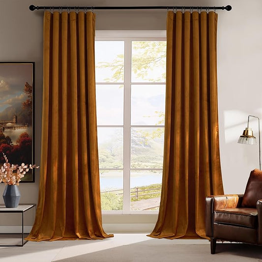 RYB HOME Velvet Curtains 96 inch, Room Darkening Window Curtains for Living Room Thermal Insulated Privacy Backdrop with Back Tab Loop for Bedroom, Golden Oak, W52 x L96 inch, 2 Panels