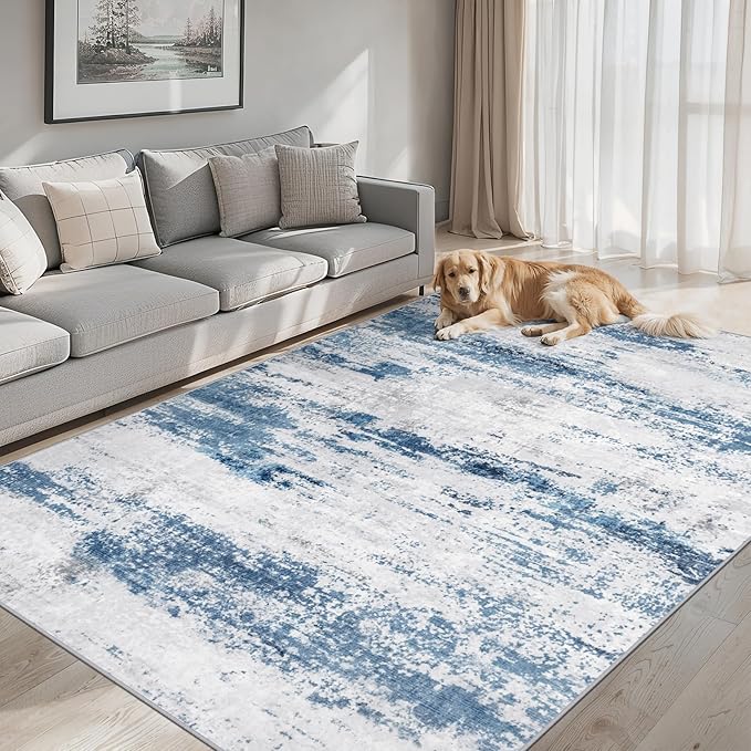 Area Rugs Living Room Rug - 5x7 Washable Modern Abstract Soft Neutral Non-Slip Carpet Large Indoor Floor Thin Carpets for Bedroom Dining Room Farmhouse Nursery Home Office White Blue Grey