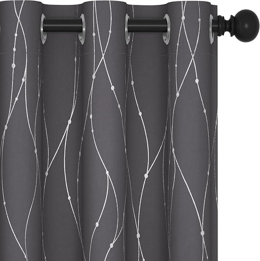 Deconovo Gray Curtains for Living Room, Blackout Drapes, Protect Pravicy Thermal Insulated Soundproof Window Drape, Wave Dots Foil Print, 42 x 72 Inch, Set of 2 Panels for Bedroom Classroom Office