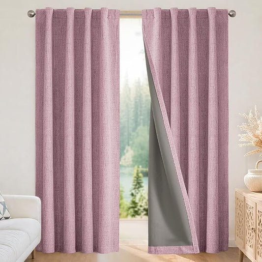 Joydeco Blackout Curtains for Bedroom - 100% Light Blocking 2 Panels Set Pink Drapes 37" W x 108" L, Thermal Insulated Room Darkening Curtains, Linen Textured for Living Room, Rod Pocket & Back Tabs