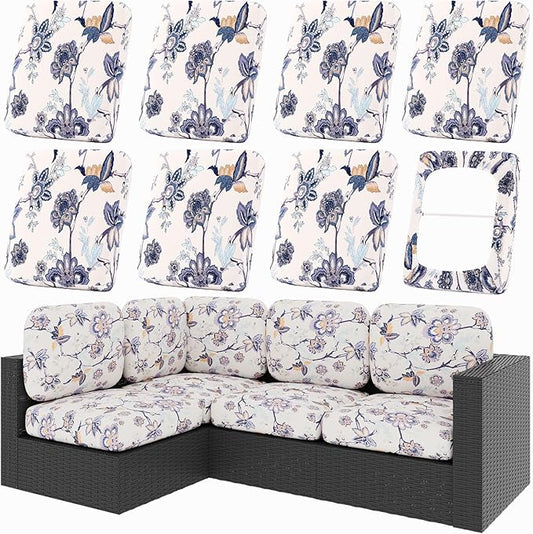 hyha 8Pcs Patio Cushion Covers, Stretch Outdoor Couch Cushion Covers, Washable Outdoor Chair/Sofa Slipcovers for Patio Furniture Cushions Protector with Elastic Bottom(Vintage Flower,Cover Only)