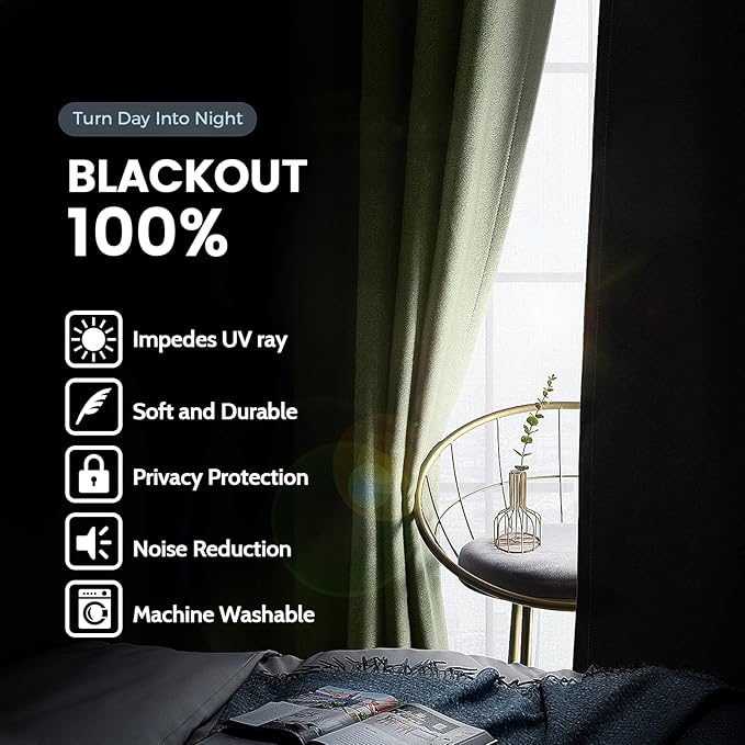 SimpleHome 100% Blackout Curtains for Bedroom,Thermal Insulated Sage Grommet Window Drapes Room Darkening Curtains for Living Room with Black Back,52 x 36 Inch,2 Panels