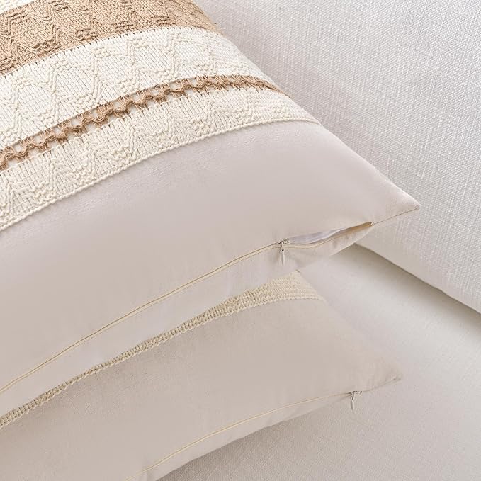 Fancy Homi Set of 1 Boho Neutral Lumbar Decorative Throw Pillow Cover 12x20 Inch for Couch Bed Sofa Chair, Modern Organic Farmhouse Home Decor, Soft Cotton Cute Accent Tan Rectangle Cushion Case