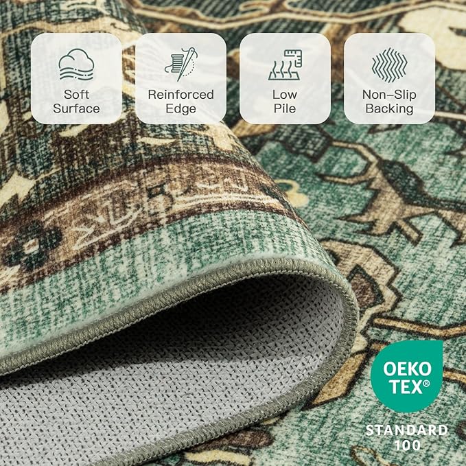 Lofus 5x7 Area Rugs for Living Room, Washable Area Rug, Rugs for Bedroom, Kitchen, Vintage Boho Carpet, Soft Non-Slip, Low Pile Large Area Rug for Office Dining Room, Green