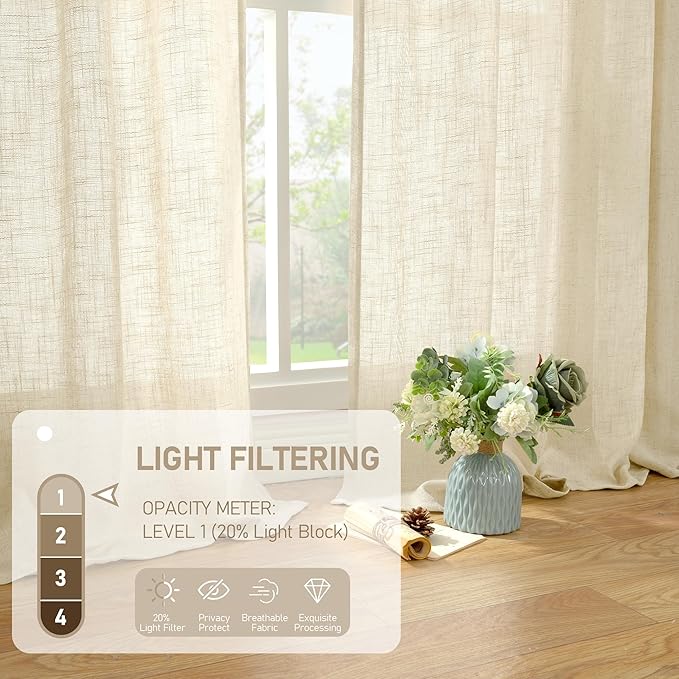 LAMIT Beige Linen Curtains for Living Room 2 Panels Set, 84 Inch Faux Linen Textured Light Filtering Drapes Back Tab and Rod Pocket Boho Panels for Farmhouse/Bedroom/Porch, 52 x 84 Inch