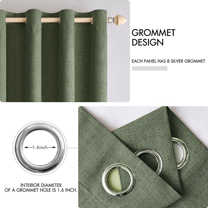 MIULEE 100% Blackout Linen Textured Curtains for Bedroom Solid Thermal Insulated Olive Green Grommet Room Darkening Curtains & Drapes Luxury Decor for Living Room Nursery 52 x 72 Inch (2 Panels)