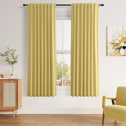 Guken Yellow 100% Blackout Linen Curtains 63 Inch Length 2 Panels Set for Living Room Bedroom Back Tab/Rod Pocket Thermal Insulated Black Out Drapes Room Darkening Farmhouse Window Curtains