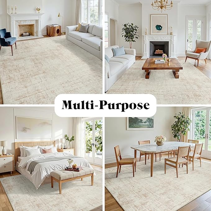 8x10 Area Rugs for Living Room Washable Rug: Anti-Skid Abstract Modern Living Room Rug Soft Thin Carpets Indoor Floor Non-Shedding Carpet for Bedroom Dining Farmhouse Nursery Home Office Beige White