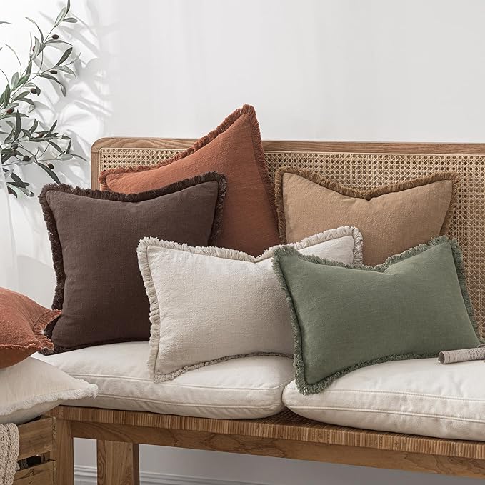 MIULEE Decorative Throw Pillow Covers Neutral Linen Fringe Throw Pillows Set of 2 Dark Brown Boho Farmhouse Cushion Covers with Tassels for Couch Sofa Bed Living Room Spring Decor 18x18 Inch