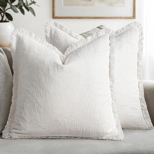 MIULEE Decorative Throw Pillow Covers Neutral Linen Fringe Throw Pillows Set of 2 White Boho Farmhouse Cushion Covers with Tassels for Couch Sofa Bed Living Room Spring Home Decor 20x20 Inch