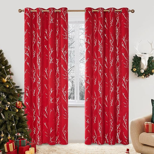 Deconovo Christmas Red Curtains, Blackout Drapes, Soundproof Curtain, Silver Print, 52 x 95 Inch Long, 2 Panels, Machine Washable Window Panel for Living Room Bedroom Festival Party Decoration Kitchen