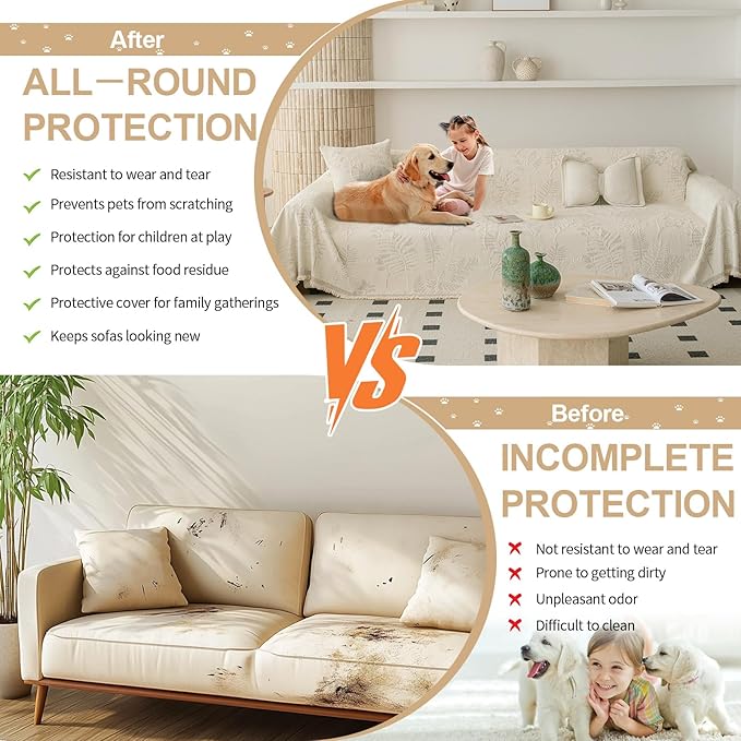 HANDONTIME Washable Couch Covers for Sofa Boho Couch Covers for 3 Cushion Sofa Pet Friendly Beige Chenille Jacquard Couch Protector for Dogs Plant Branch Sectional Cover Sofa Slipcovers, 71" X 118"