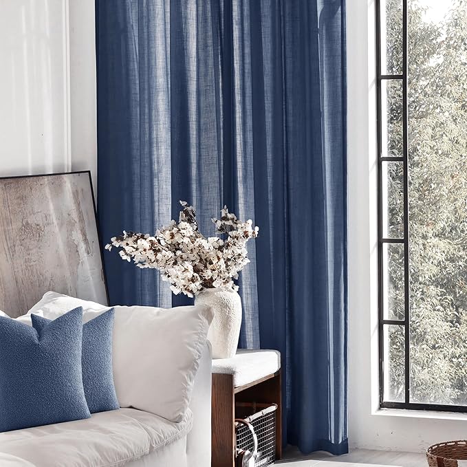 Navy Blue Curtains 96 inch Length for Bedroom Back Tab Light Filtering Semi Sheer Blue Living Room Curtains Linen Cotton Textured Indigo Blue Drapery Panel Modern Aesthetic Decor 60" Wx96 L