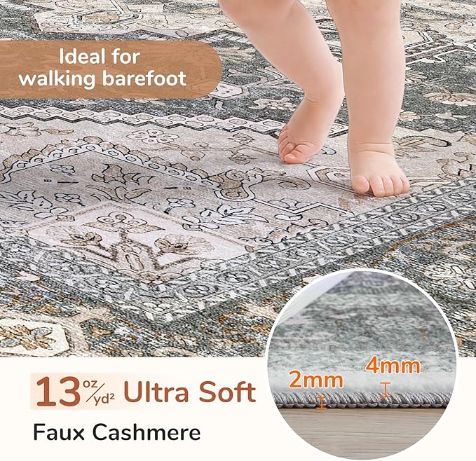 OPPODREAM Soft Area Rugs 9x12 Living Room, Washable Rugs 9x12 with Non Slip Backing, Faux Cashmere Low-Pile 9 x 12 Carpet, Greenish Grey