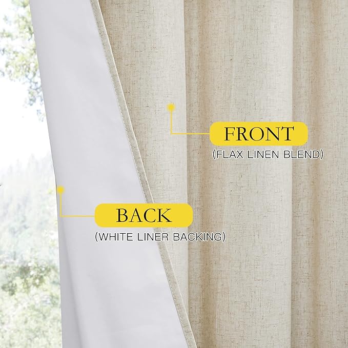 NICETOWN Natural Thick Linen Blend 100% Blackout Curtains 70" Long 2 Panels Set for Bedroom, 34" Wide, Rustic Grommet Thermal Insulated Flax Textured Full Blackout Window Draperies with White Liners