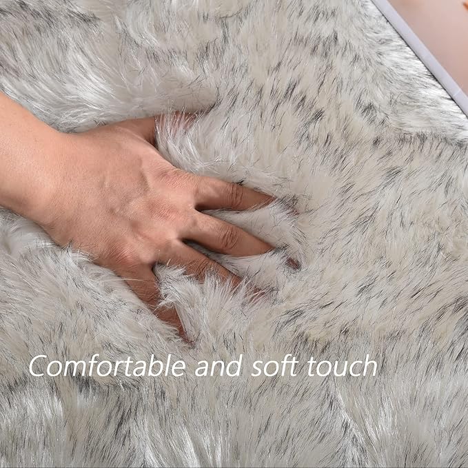 Latepis 2x5 Runner Faux Fur Rug White with Grey Tips Rugs Washable Sheepskin Rug Fluffy Shaggy Fuzzy Bedroom Rugs for Teen Room Décor, Runner
