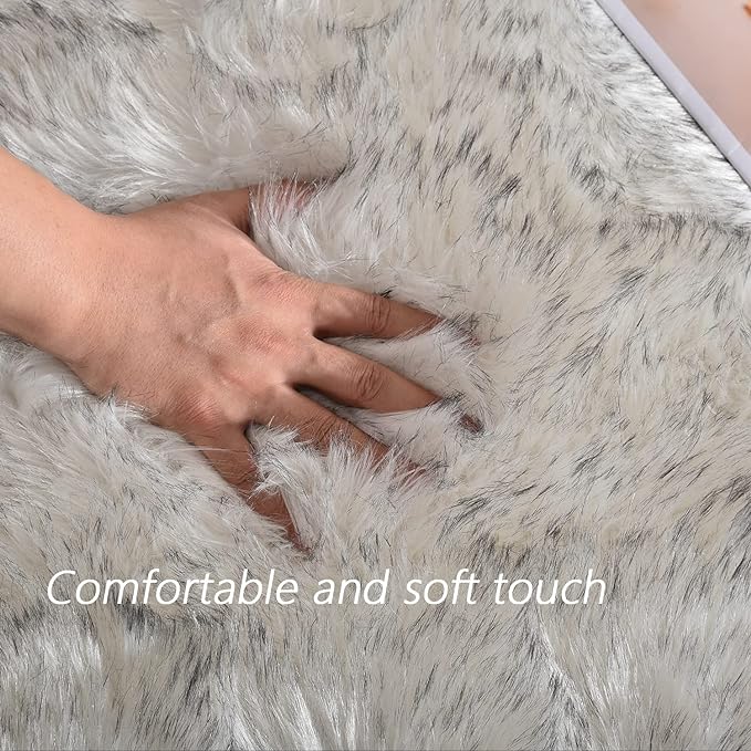Latepis Large Rug for Living Room Rugs 6.7x10 White with Grey Tips Faux Sheep Skin Fur Rug for Bedroom Fluffy Furry Rugs Home Décor, Rectangle