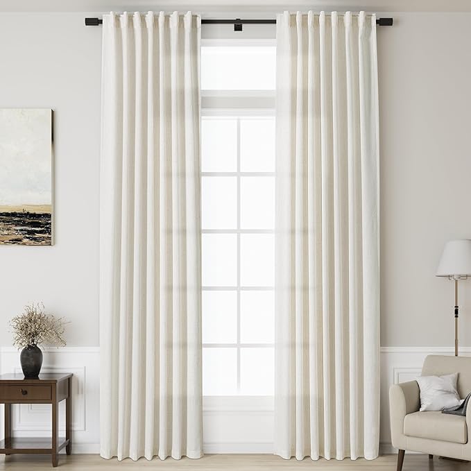 Nanspring Extra Long Curtains 2 Panels 136 Inches Long for Dinning Room Cream Back Tab Rod Pocket Light Filtering Semi Sheer Drapes Cotton Linen Textured Window Curtain for Bedroom 52x136