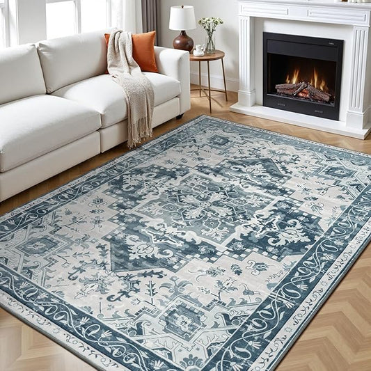 Rugflix 6x9 Area Rug for Living Room, Machine Washable Area Rugs with Non-Slip Backing, Large Soft Boho Vintage Rug for Bedroom, Dining Room, Low Pile Carpet, Kids Pet Friendly, Blue