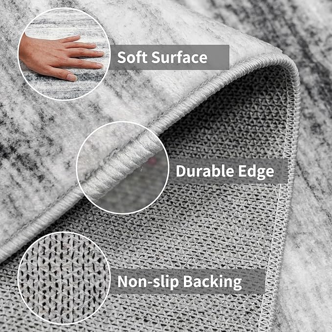 2x7 Washable Runner Rugs for Hallway: Easy-to-Clean Abstract Runners for Entryway Bedroom - Stain and Water Resistant Rugs with Non-Slip Backing - Soft Low-Pile Grey