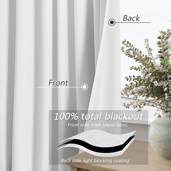 Guken White 100% Blackout Linen Curtains 52 Inch Wide by 76 Inch for Living Room Bedroom Back Tab/Rod Pocket Thermal Insulated Black Out Linen 2 Drapes Room Darkening Window Curtains