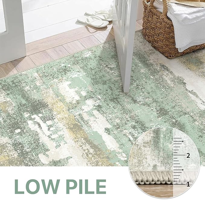 Runner Rug for Hallway Kitchen, 2x10 Machine Washable Runners Rug for Entryway, Light Green Soft Modern Abstract Throw Rugs, Low Pile Floor Carpet with Non Slip Backing