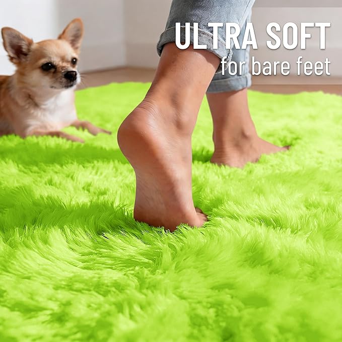 OLANLY Lime Green Round Rugs for Bedroom - Machine Washable, 3 ft Circle Area Rugs for Living Room, Soft and Fluffy Shaggy Carpet for Teen Girl and Boys, Nursery Rooms, Dorms, Home Decor Aesthetic