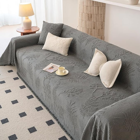 HANDONTIME Washable Couch Covers for Sofa Boho Couch Covers for 3 Cushion Sofa Pet Friendly Grey Chenille Jacquard Couch Protector for Dogs Plant Branch Sectional Cover Sofa Slipcovers, 71" X 118"