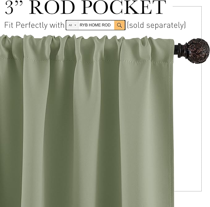 RYB HOME Short Blackout Curtains for Small Window, Sunmmer Heat Light Blocking Privacy Protection Curtains for Sunroom Laundry Room Stair Window, Width 52 by Length 36, Sage Green, Set of 2